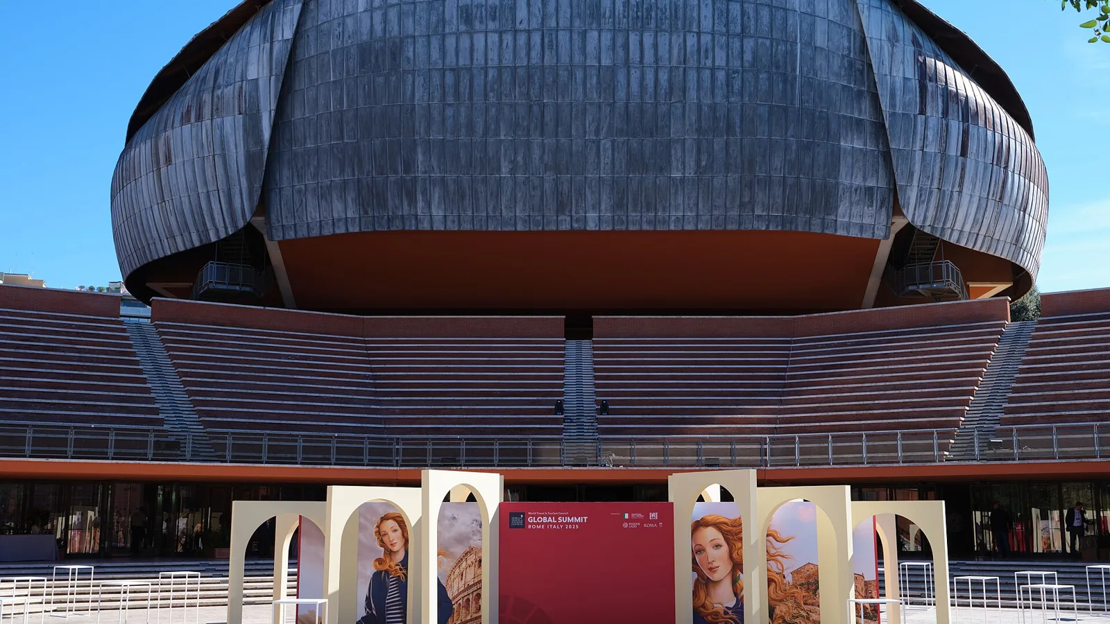 The three curved lead-clad concert halls of the Auditorium Parco della Musica in Rome by Renzo Piano at golden hour, theatres in rome